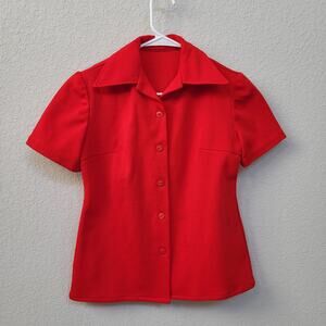 Handmade Vintage Top Womens XS Red Shirt  70s Retro Button Up Short Sleeve